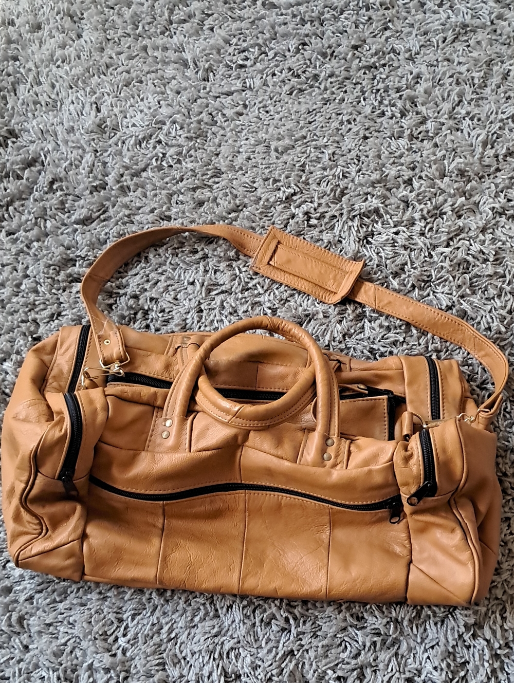 Classic Tan Leather Duffel Bag with Removable Shoulder Strap